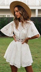 Eyelet Embroidery Backless Hollow Out Cutout Tassel Cotton-like Dress for